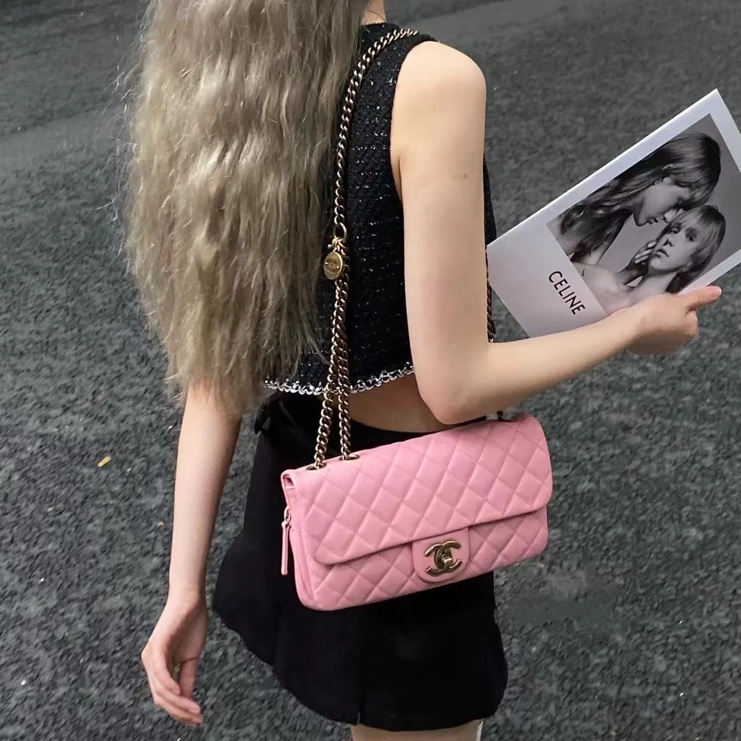 95新 Chanel/香奈儿 艾瑟尔奢品/粉金金币cf中号单肩包/6769jm