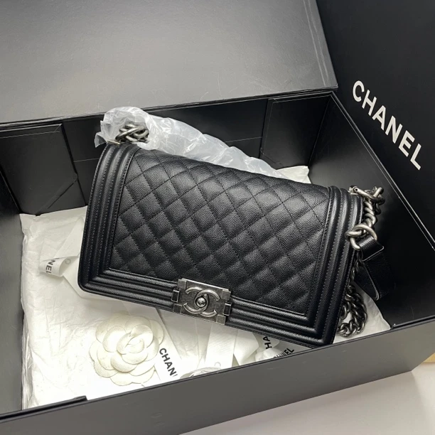 95新 Chanel/香奈儿 艾瑟尔奢品/黑银荔枝中号菱格leboy/7519