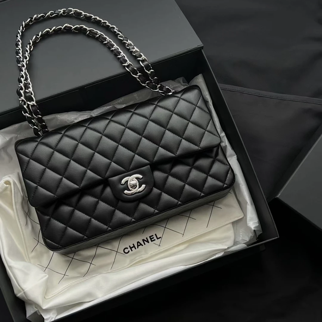 95新 Chanel/香奈儿 艾瑟尔奢品/黑银中号cf口盖包单肩包/3630