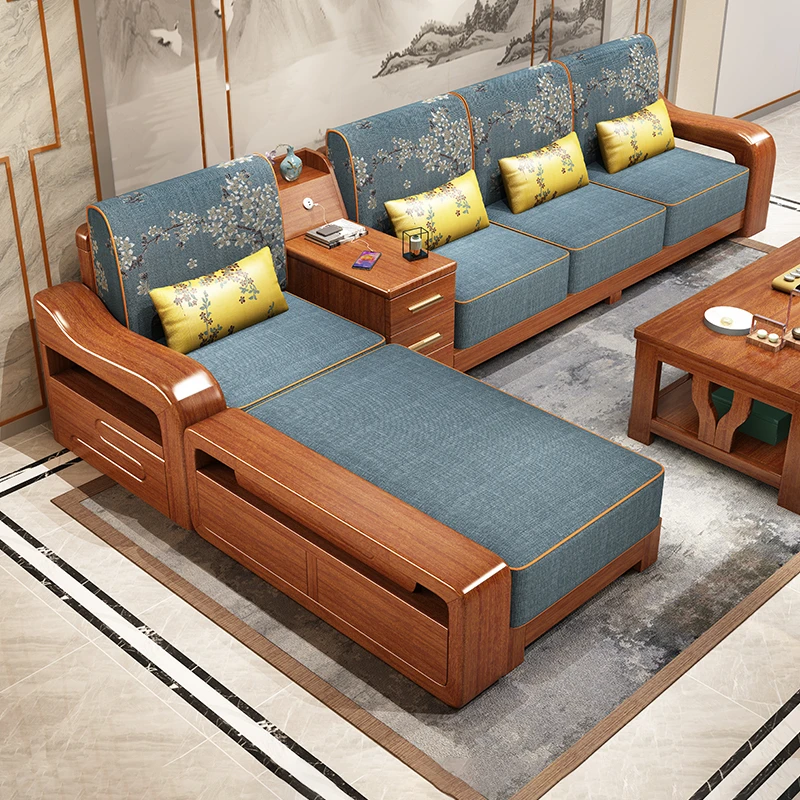 实木沙发现代客厅全实木家具小户型胡桃木多功能家用沙发成套中式
