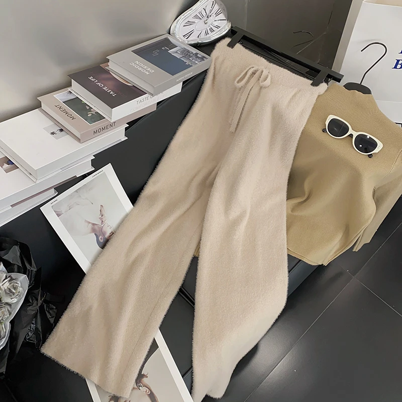 秋冬仿水貂毛线保暖长裤松紧腰系绳休闲阔腿裤韩版高腰加绒爆款