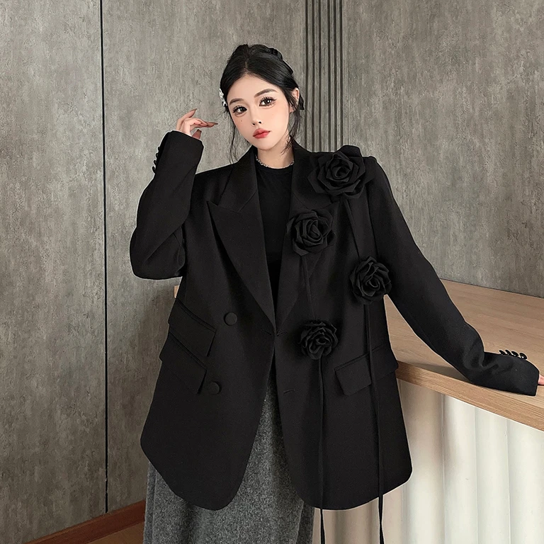 高品质黑色立体花朵重工西装外套小众设计高级感宽松垫肩西服上衣
