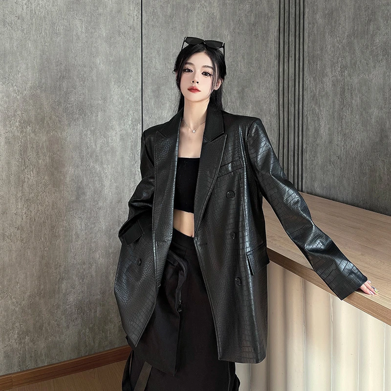 高级感复古宽松西装领皮衣女设计感PU机车服鳄鱼纹炸街夹克外套