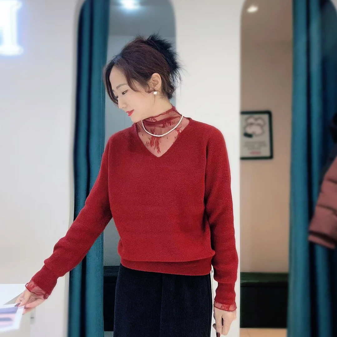 韩系轻熟风蕾丝拼接打底衫女2024秋冬季新款时尚百搭宽松针织衫