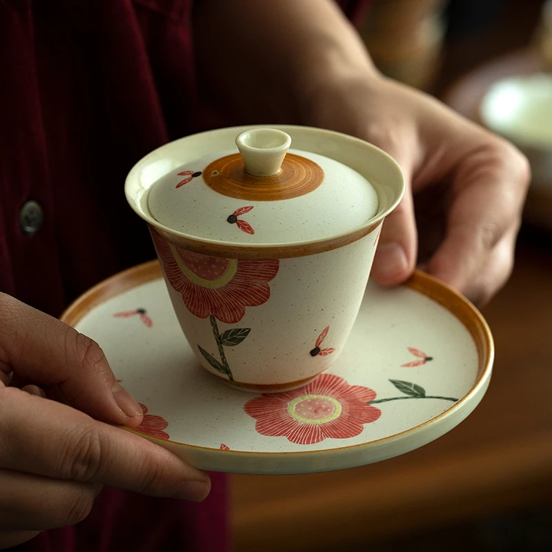 泥巴人手工陶瓷创意防烫瓷盖碗三才手绘泡茶器