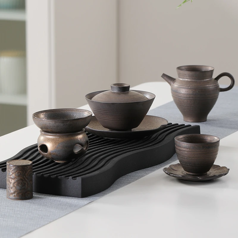 泥巴人鎏金盖碗高温套装茶具侘寂风大号防烫古铜色中式功夫茶道