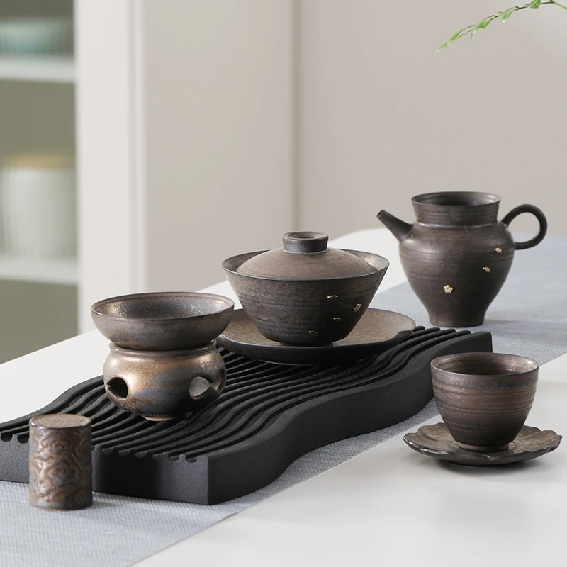泥巴人焗钉大号薄胎粗陶防烫盖碗手工复古创意鎏金功夫茶具茶碗