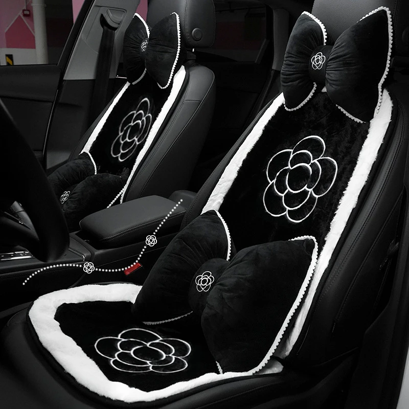 茶花汽车坐垫冬季高级感毛绒保暖车载座椅坐垫网红经典车内用坐垫