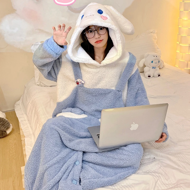 连体睡衣女小众设计感连帽假两件珊瑚绒2023新款卡通小兔子可外穿