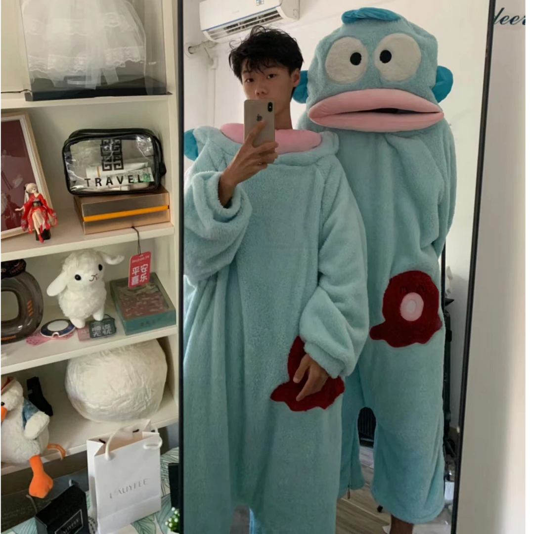 大嘴鱼连体睡衣珊瑚绒加厚卡通可爱丑鱼睡袍毛绒家居服可外穿秋冬