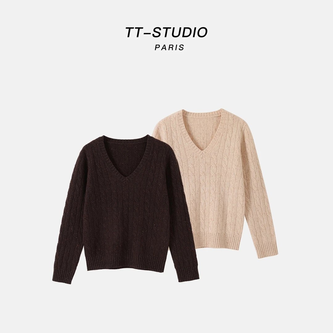 MCOMINILIVES「芝士可可」羊毛+桑蚕丝麻花V领长袖毛衣针织衫24806