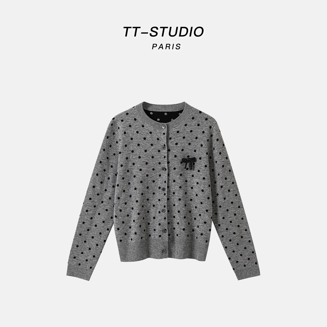 MCOMINILIVES「波点小开」绵羊毛秋季气质长袖针织开衫毛衣TT-SH026