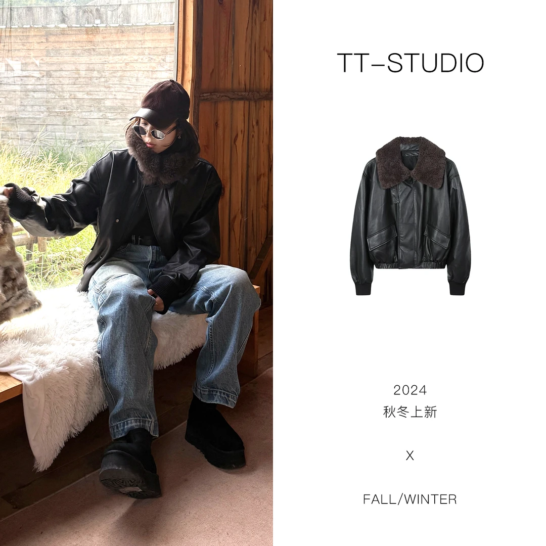 TT「旅行者」绵羊皮阿拉善骆驼绒毛领翻领真皮皮衣外套女冬LZ82202