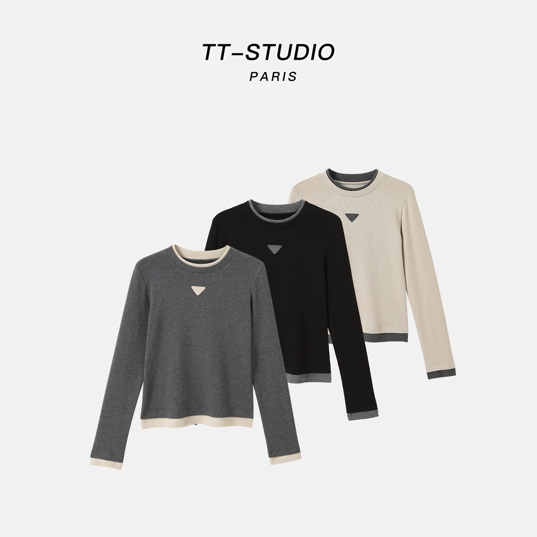 MCOMINILIVES①「三角T」修身显瘦拼接假两件长袖T恤TT-T862