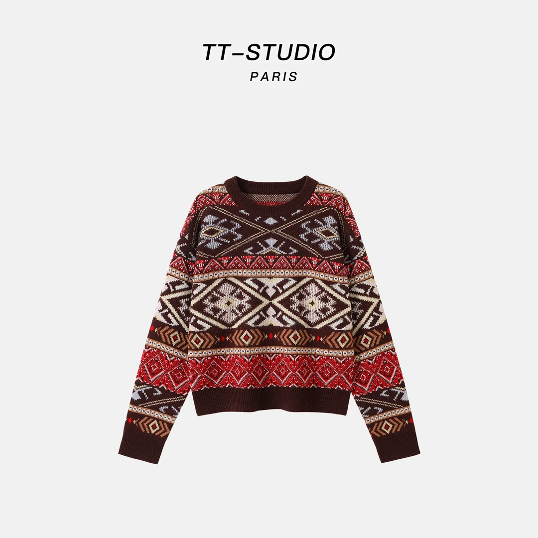 TT「印第安」纯羊毛保暖针织衫费尔岛提花粗针加厚毛衣女TT-ZS24309