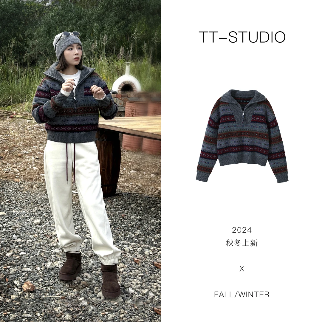 MCOMINILIVES「北欧」羊毛提花拉链翻领加厚长袖针织衫女TT-SH1006