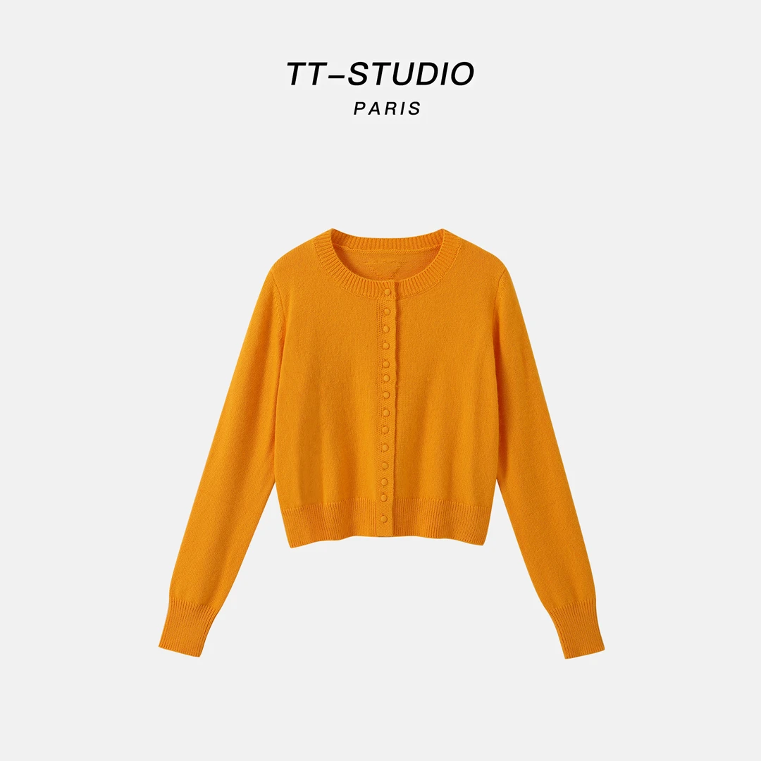 MCOMINILIVES「发财黄」精纺绵羊毛毛衣长袖针织开衫毛衣女TT-SH083