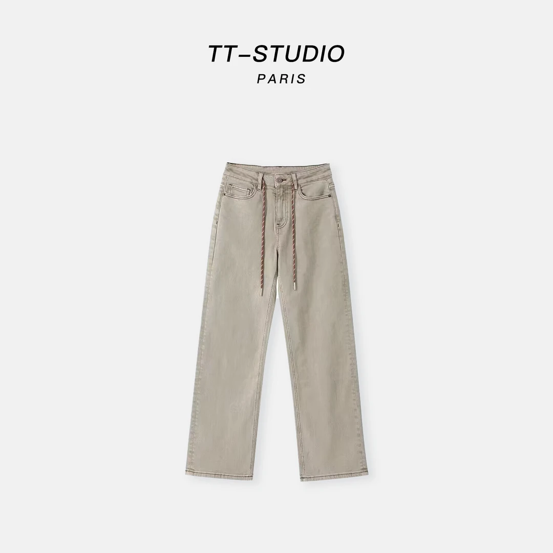 MCOMINILIVES①「美式牛仔」抽绳裤子复古做旧水洗长裤直筒裤XM38268