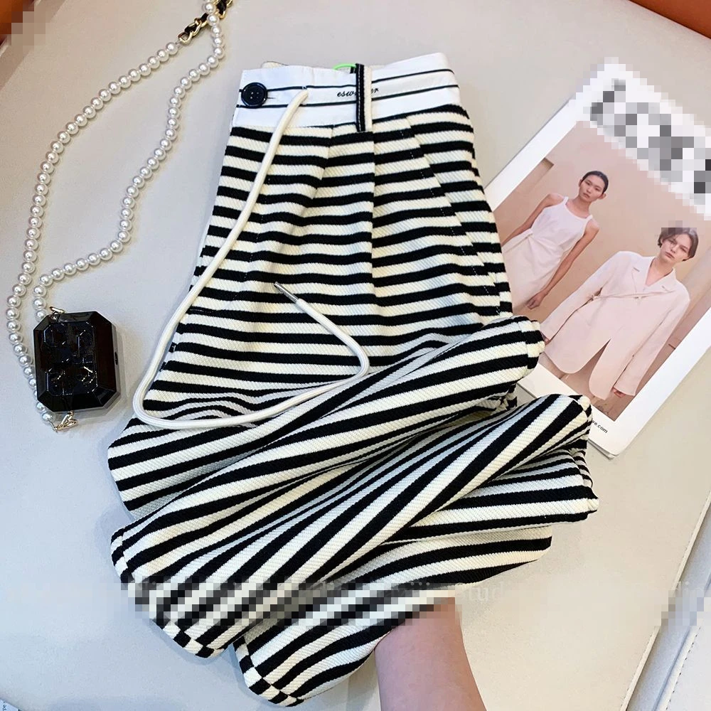黑白条纹阔腿裤女夏季薄款新款美式设计感高腰垂感直筒休闲西装裤