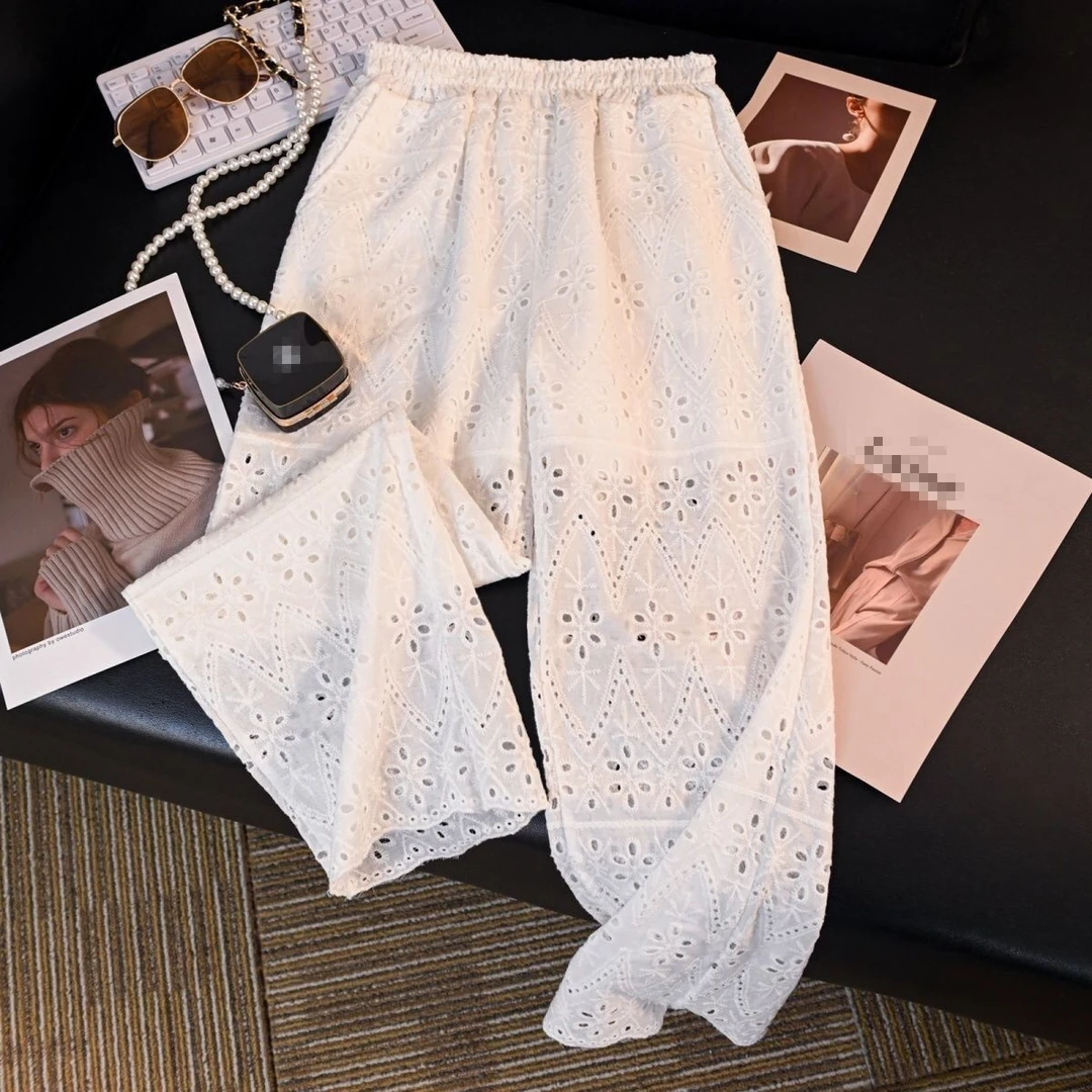 大码直筒阔腿裤女夏季薄款宽松显瘦白色绣花镂空休闲九分凉凉裤子