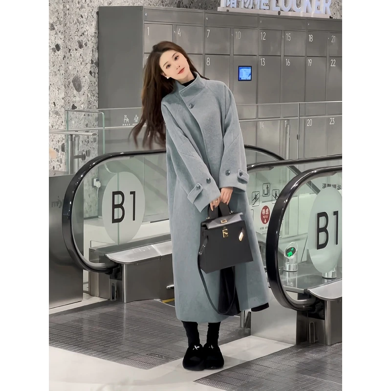 【N802】秋冬季气质毛呢大衣中长款立领宽松加厚过膝呢子外套RW2