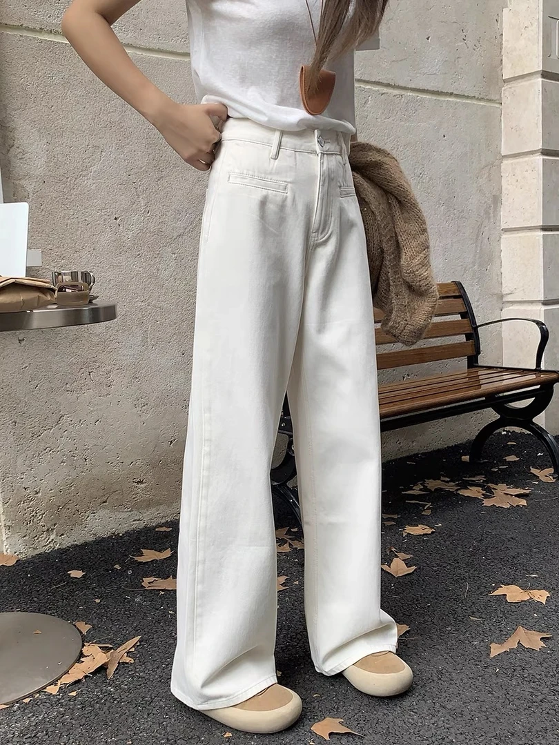【黎黎原创JC416】白色藏肉高腰牛仔裤新款直筒宽松阔腿裤春款女装