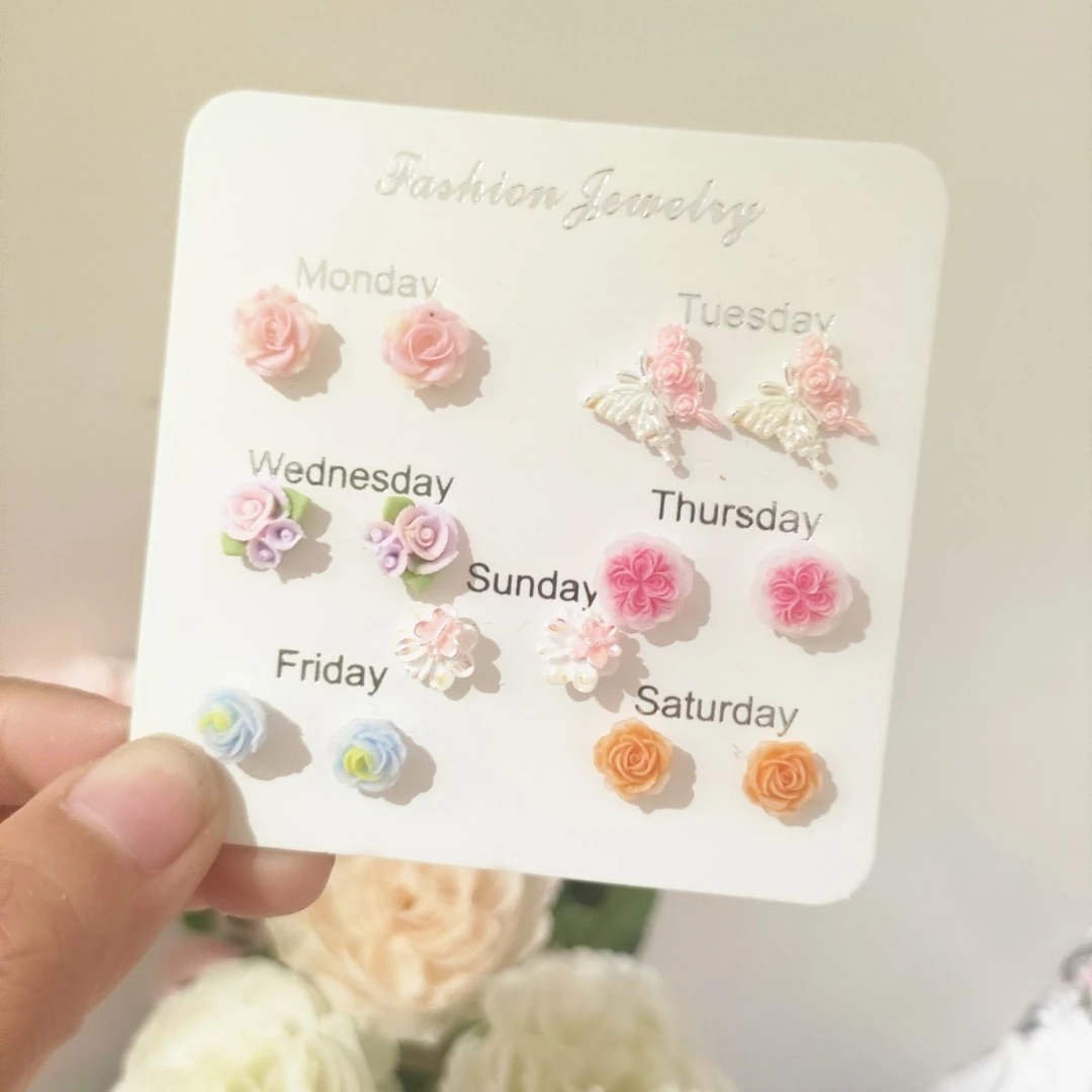 非金属亚克力耳饰 养耳洞耳钉套装甜美风花朵小众耳骨钉防过敏女