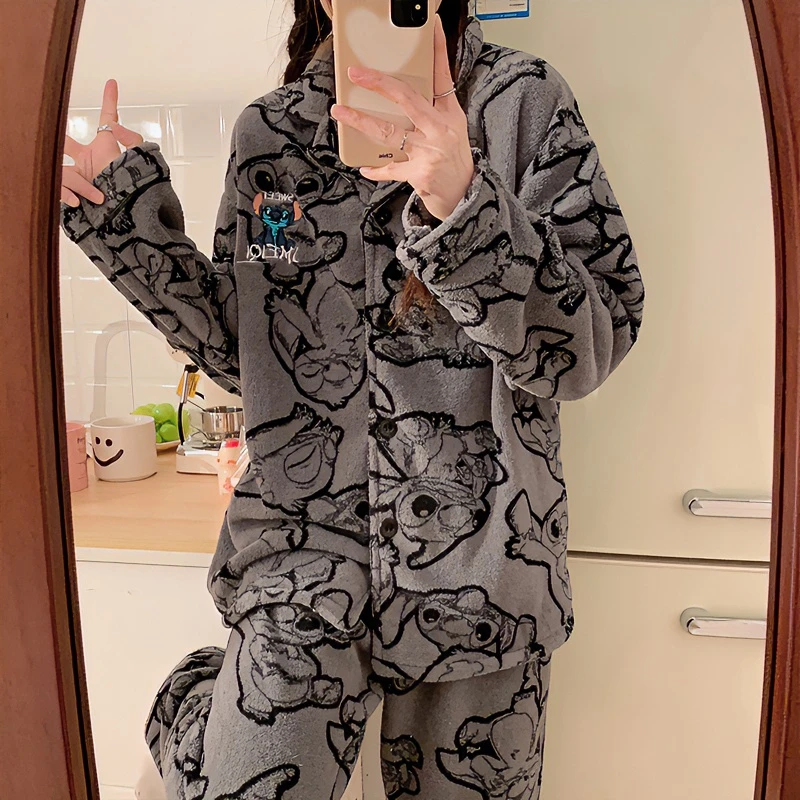 冬款宽松保暖长袖春秋女士毛绒家居服加绒加厚秋冬季卡通甜美大码