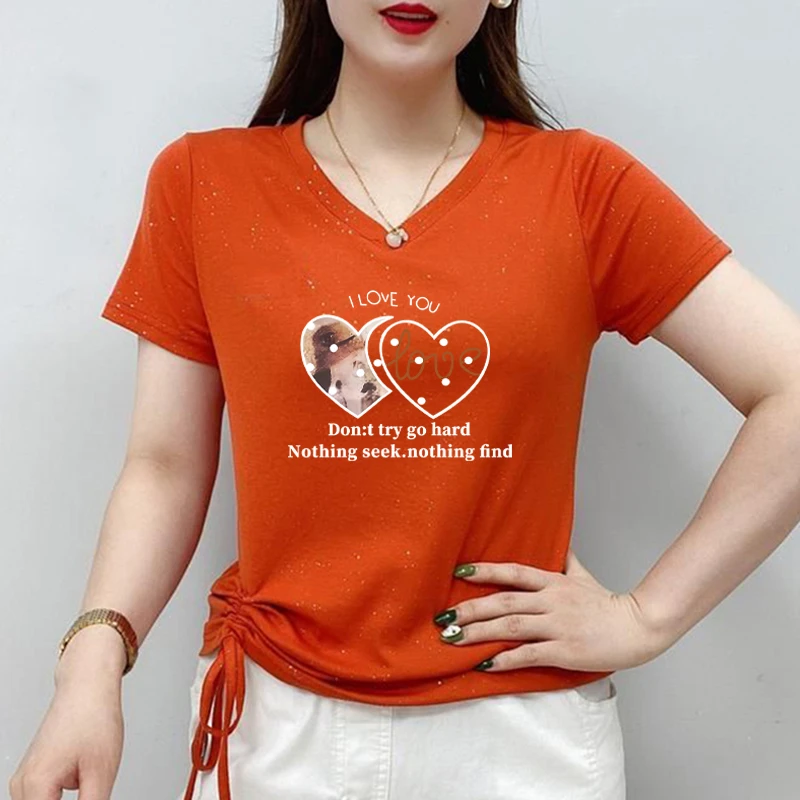 女士夏装大码V领t恤短袖修身夏季亮丝2024新款鸡心领洋气体恤上衣