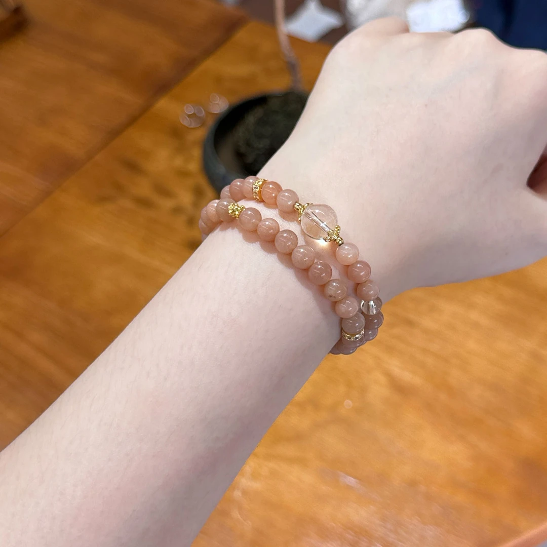 hucares原创「肉桂奶咖」太阳石天然水晶双圈手串小众