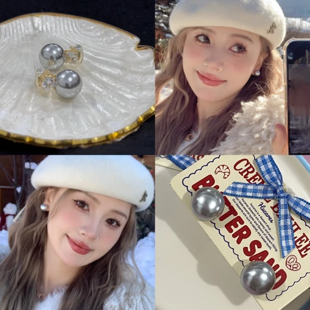 非金属仿珍珠耳饰 hucares「高级深灰」施家珍珍气质小众甜酷暗黑