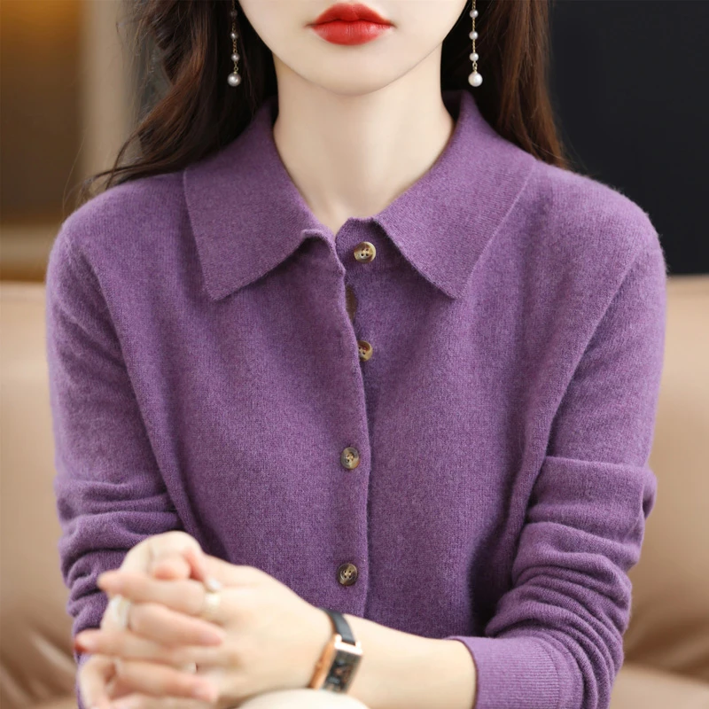 100纯羊毛女士POLO领羊毛开衫时尚宽松系扣打底衫