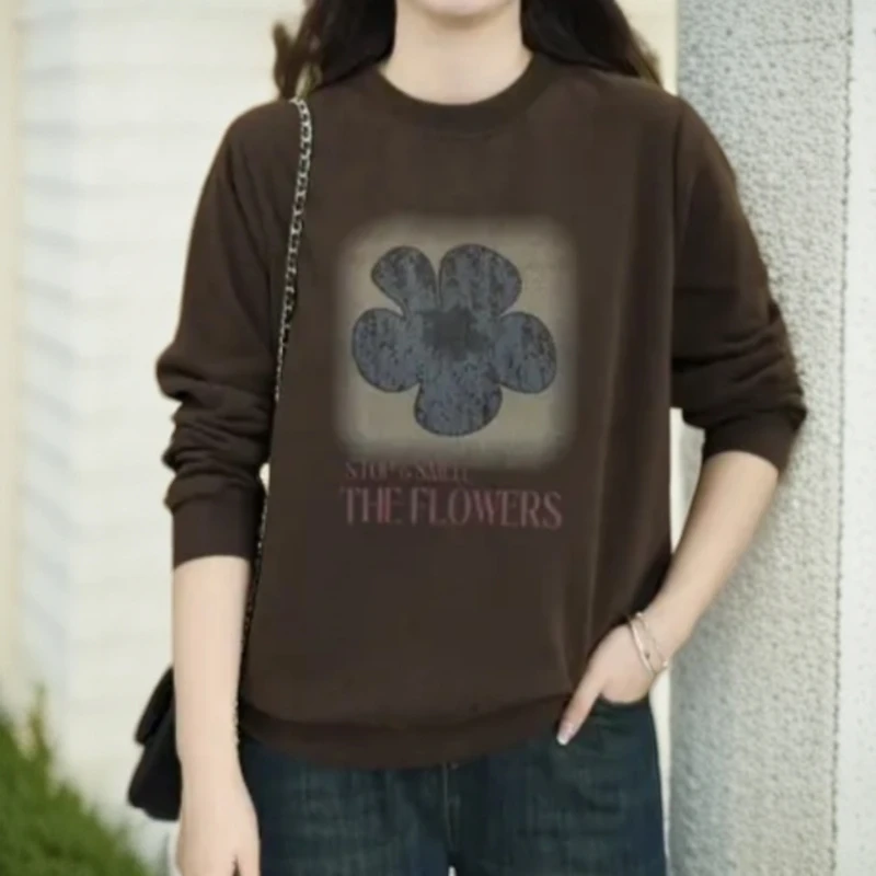 秋季新款圆领休闲妈妈装上衣百搭显瘦长袖花朵休闲打底卫衣2460