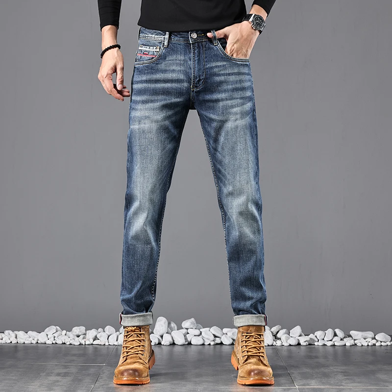 【香港】美式高街潮牌春夏蓝色牛仔裤男时尚休闲百搭水洗合体直筒长