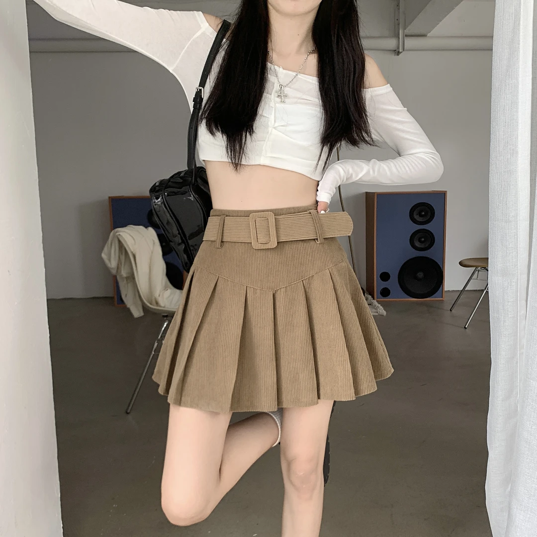 灯芯绒百褶裙女2025秋冬季新款百搭高腰辣妹风半身裙小个子短裙子