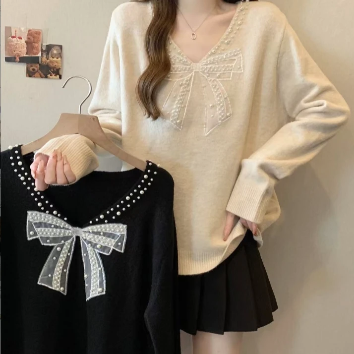 (9958)大码V领蝴蝶结宽松显瘦针织衫毛衣长袖洋气上衣女胖MM秋冬