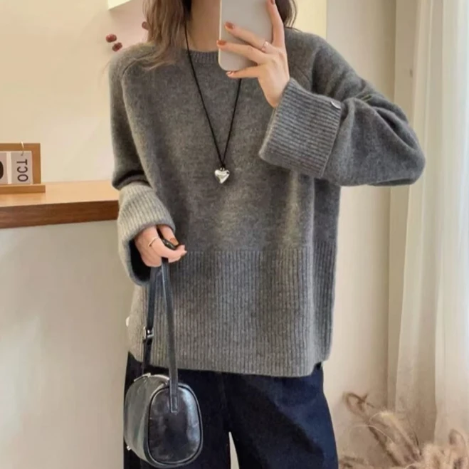 (9965)2024秋冬新款慵懒风卷边针织衫女胖mm显瘦百搭毛针织打底衫