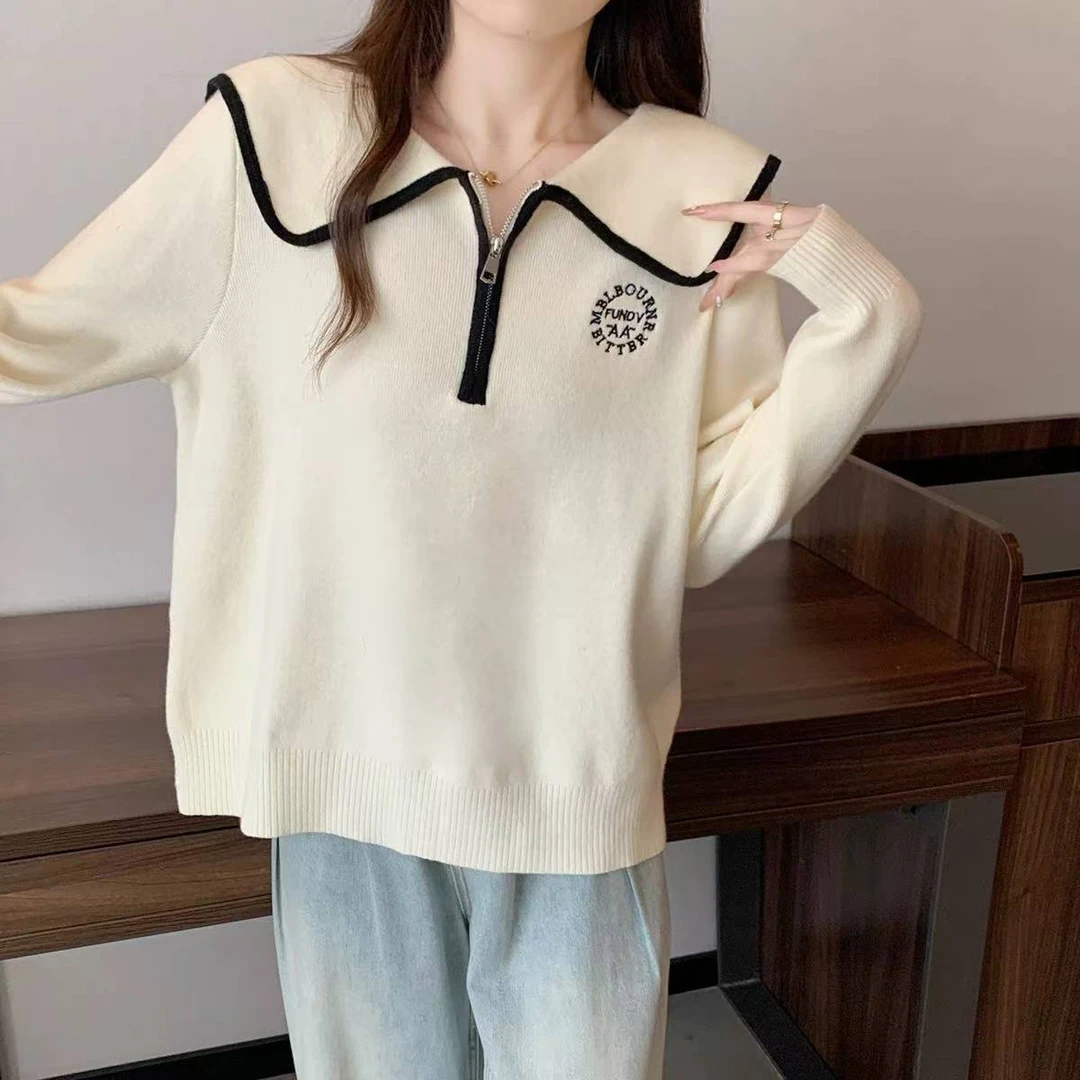 （9970）大码女装胖MM秋冬新款2024半拉链娃娃领针织衫长袖气质正肩