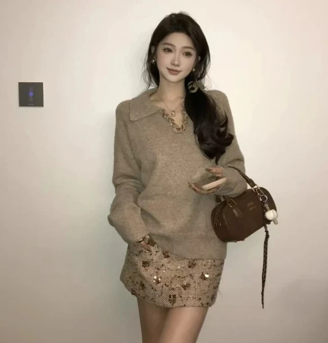 （9967）大码女装欧货复古时尚翻领高级感针织衫秋冬穿搭新款毛衣女