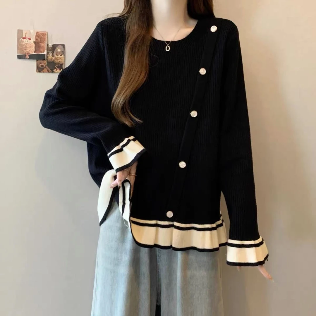 （9971）大码女装胖MM秋冬新款2024撞色荷叶边针织衫显瘦遮肚上衣女