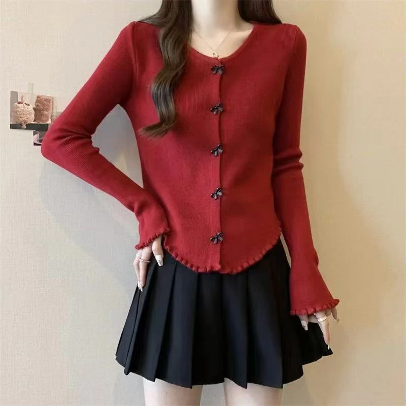 （9968）不规则蝴蝶结单排扣针织开衫秋冬圆领宽松显瘦简约休闲上衣