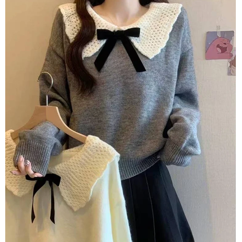 （601） 大码娃娃领慵懒风设计感撞色大翻领针织毛衣女款新款秋冬季