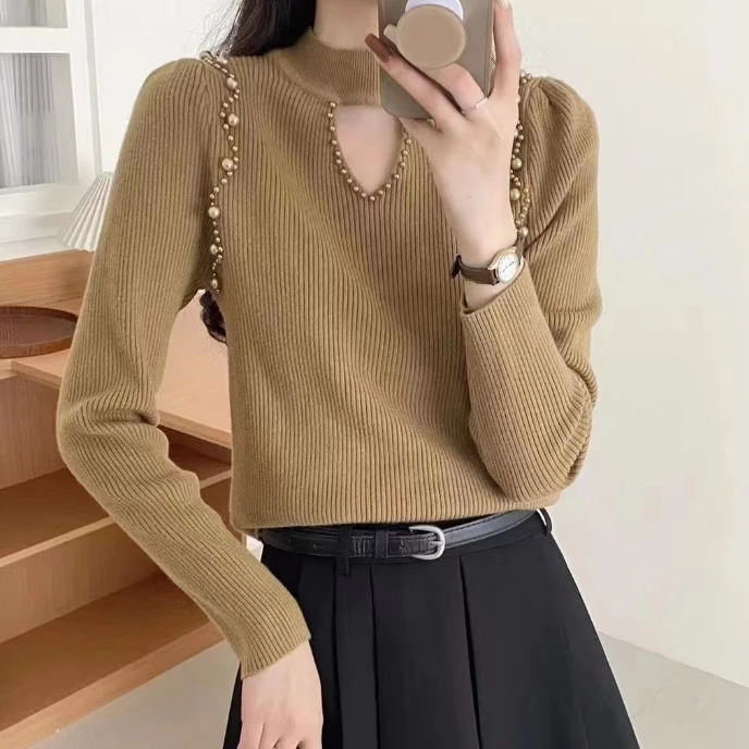 （181）大码镂空高领打底秋冬钉珠新款时尚洋气针织衫长袖毛衣上衣