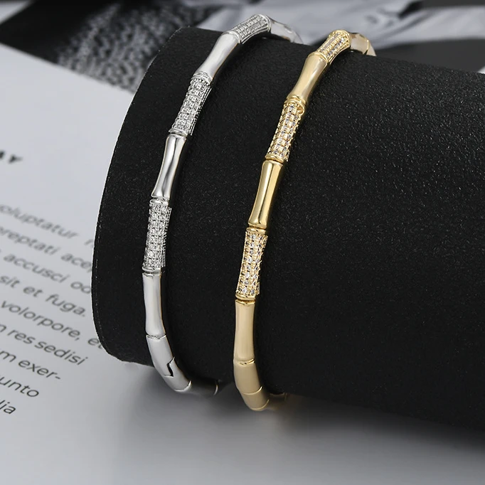 铜合金合成锆石手镯 真金电镀镶锆石气质手饰女高级竹节步步高升