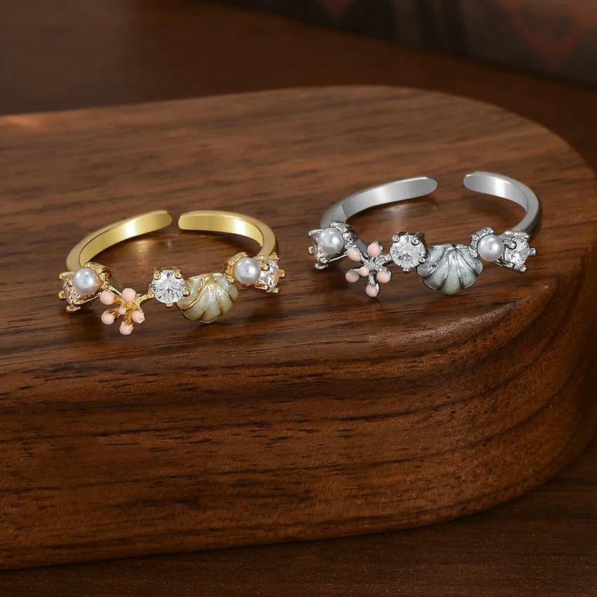 铜合金合成锆石戒指 真金电镀珐琅滴油贝壳开口戒指高级时尚甜美