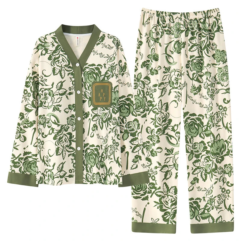 纯棉睡衣女款秋冬长袖长裤开衫家居服女士春秋款可外穿200斤220斤