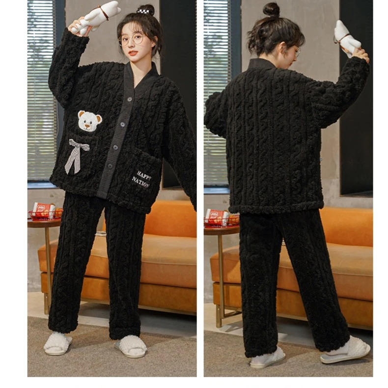 珊瑚绒黑色睡衣女秋冬特大码胖MM200斤宽松法兰绒家居服240斤6XL