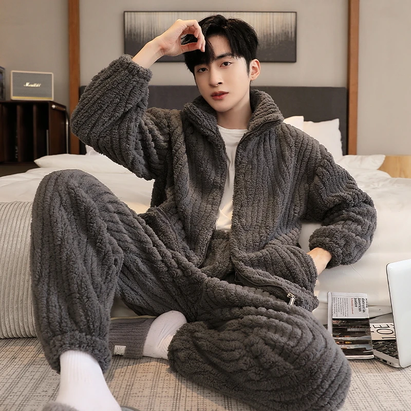 秋冬季珊瑚绒男士睡衣拉链加厚加大码法兰绒冬天200斤250斤5XL6XL