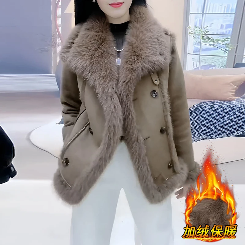 美拉德皮毛一体外套女士冬季2024年新款时尚复古洋气棉衣加厚棉服