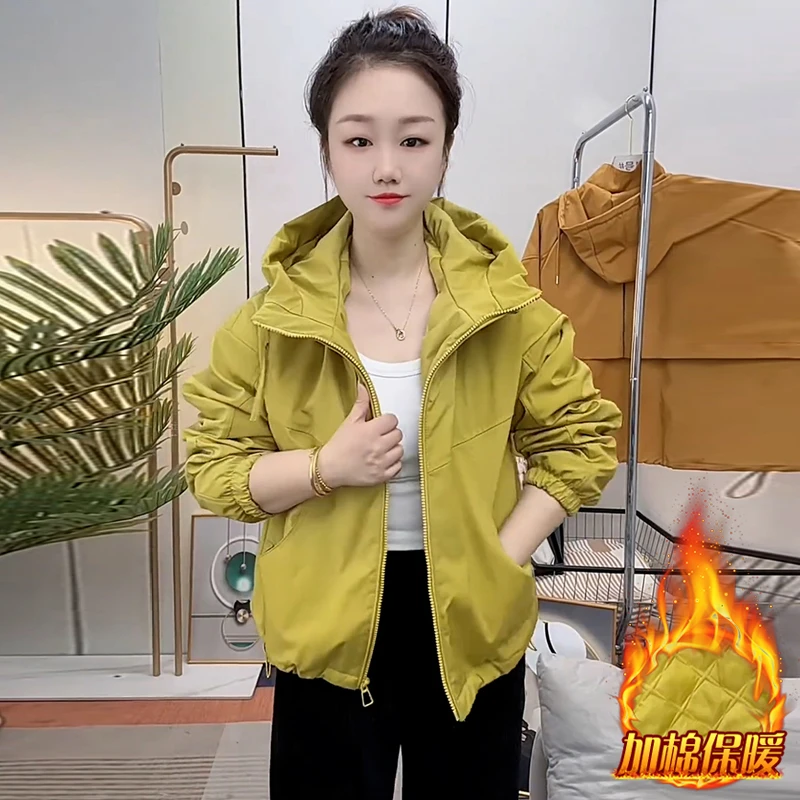 2024年冬季新款加绒加厚连帽短款外套女洋气小个子双拉链立领上衣